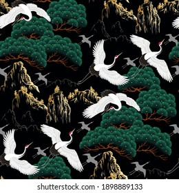 Seamless decorative pattern with japanese cranes