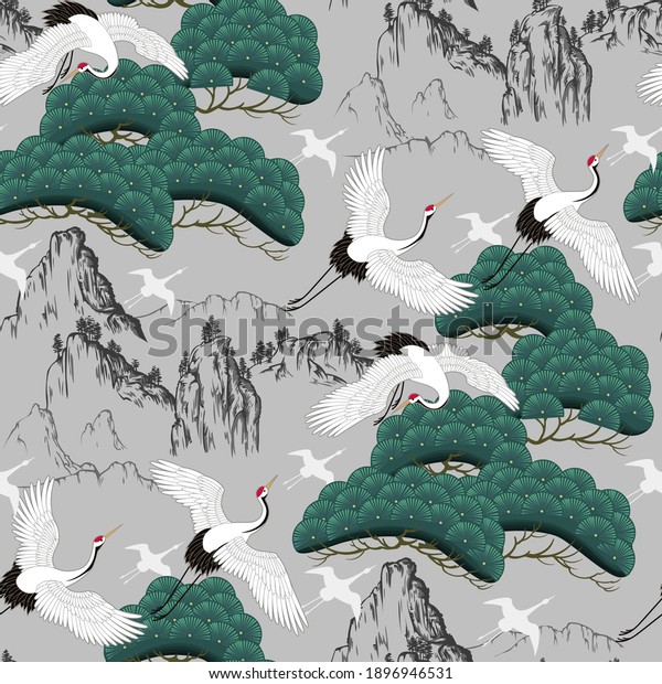 Seamless decorative pattern with japanese cranes