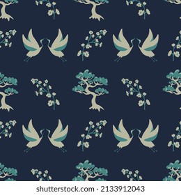 Seamless decorative pattern with japanese pine tree, sakura and cranes