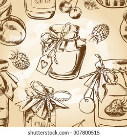 Seamless decorative pattern with jars of homemade jam tied with twine and berries