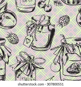 Seamless decorative pattern with jars of homemade jam tied with twine and berries