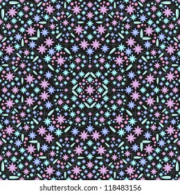 Seamless decorative pattern of leaves, flowers and drops of dew on a black background