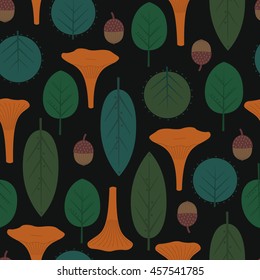 Seamless decorative pattern with leaves, mushrooms and acorns on dark background. Autumn leaves pattern with chanterelles. Trendy forest illustration. Design for textile, wallpaper, fabric.