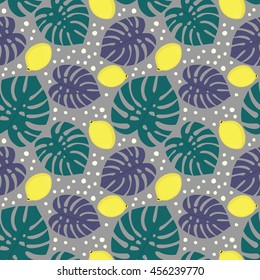 Seamless decorative pattern with lemons and palm leaves on grey background. Tropical monstera leaves pattern with lemons and dots. Trendy Jungle illustration. Design for textile, wallpaper, fabric.