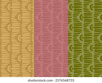 A seamless decorative pattern with linear shapes and curved elements in shades of yellow, pink, and green. Perfect for textiles, wallpapers, and creative design projects.