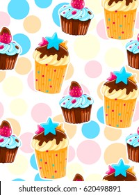 Seamless decorative pattern with muffins in cartoon style. Polka dot background. Sweet pastry texture