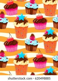 Seamless decorative pattern with muffins and cherries in cartoon style. Orange stripes background. Sweet pastry texture