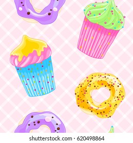 Seamless decorative pattern with muffins and donuts in cartoon style. Square background. Sweet pastry texture
