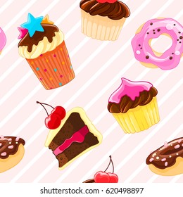 Seamless decorative pattern with muffins and donuts in cartoon style. Stripe background. Sweet pastry texture