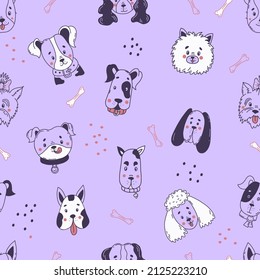 Seamless decorative pattern with muzzle and portraits of cute domestic dogs of different breeds on light purple background. Vector illustration in hand drawn linear doodles for design, decoration.