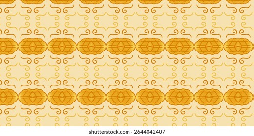 Seamless decorative pattern with orange symmetrical shapes and swirls on a warm beige background. Perfect for art and textile design. Seamless, decorative, textile, warm, swirl.
