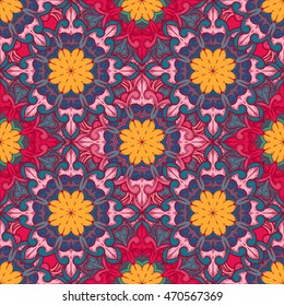 Seamless decorative pattern. Ornament with mosaic elements. Vintage floral styling to design cards, corporate identity, textiles. Kaleidoscope. Graphics.