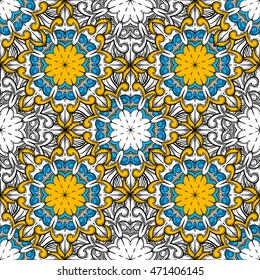 Seamless decorative pattern. Ornament with mosaic elements. Vintage floral styling to design cards, corporate identity, textiles. Kaleidoscope. Graphics.