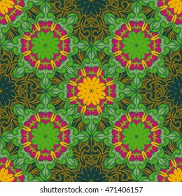 Seamless decorative pattern. Ornament with mosaic elements. Vintage floral styling to design cards, corporate identity, textiles. Kaleidoscope. Graphics.