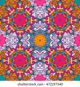 Seamless decorative pattern. Ornament with mosaic elements. Vintage floral styling to design cards, corporate identity, textiles. Kaleidoscope. Graphics.