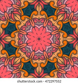 Seamless decorative pattern. Ornament with mosaic elements. Vintage floral styling to design cards, corporate identity, textiles. Kaleidoscope. Graphics.