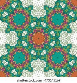 Seamless decorative pattern. Ornament with mosaic elements. Vintage floral styling to design cards, corporate identity, textiles. Kaleidoscope. Graphics.