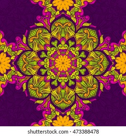 Seamless decorative pattern. Ornament with mosaic elements. Vintage floral styling to design cards, corporate identity, textiles. Kaleidoscope. Graphics.
