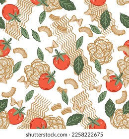 Seamless decorative pattern with pasta and tomatoes vector illustration on white background. Seamless background texture for noodles and pasta packagings and kitchen textile.