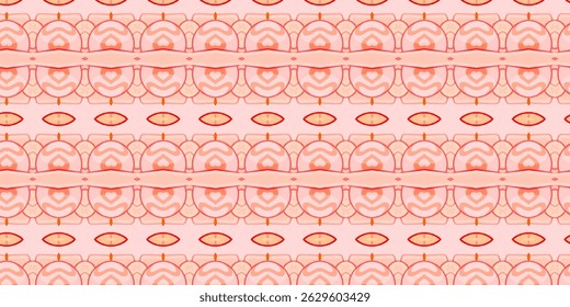 Seamless decorative pattern in pastel pink tones with organic shapes and symmetrical motifs.