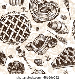 Seamless decorative pattern with pastries. Vector hand drawn illustration.