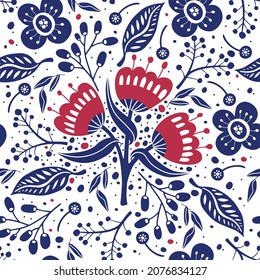 Seamless decorative pattern with red and dark blue flowers, twigs and leaves. Modern folk art style. Textile concept.