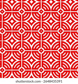 Padrão decorativo contínuo com círculos concêntricos vermelhos e brancos e diamantes formando um intrincado fundo geométrico.