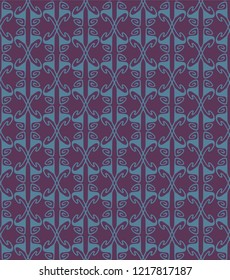 seamless decorative pattern with repeated ornament in purple against a blue fond