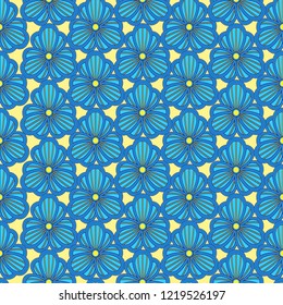 Seamless decorative pattern with repeating abstract flowers in blue and yellow hues on the pale background, vector as a fabric texture