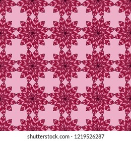 Seamless decorative pattern with repeating abstract flowers in magenta and pink hues on the pale background, vector as a fabric texture