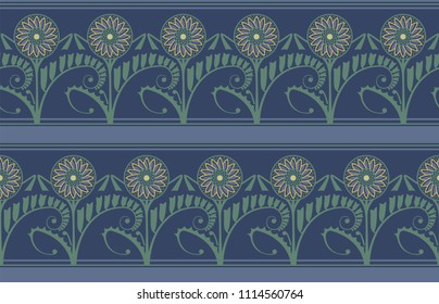 seamless decorative pattern with rows of dandelions against a blue fond