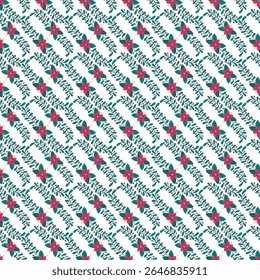 Um padrão decorativo sem costura apresentando flores vermelhas vibrantes com folhas verdes, dispostas em um design repetitivo diagonal. Perfeito para aplicações têxteis, papel de parede e design gráfico.