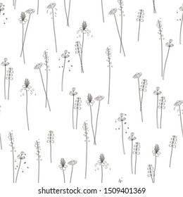 seamless decorative pattern with small hand drawn flowers, floral vector, black plants on white background 