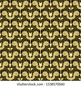 Seamless decorative pattern with stylized bows and arrows. Hand drawn tribal background. Vector ornamental golden texture