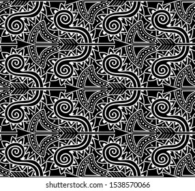 Seamless decorative pattern with stylized bows and arrows. Hand drawn tribal background. Vector ornamental monochrome texture