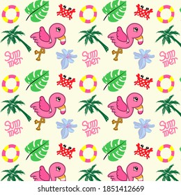 Seamless decorative pattern with summer flamingo, Rubber ring, watermelon and green palm leaves. Tropical monstera leaves illustration with fruits and exotic bird.Fashion design for textile,wallpaper.
