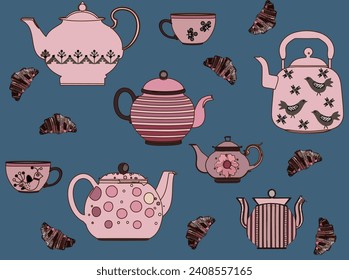 Seamless decorative pattern with teapots, kettles, cups, and croissants. Dinnerware. Teatime. Bakery. Crockery. Funny, festive, elegant, cozy