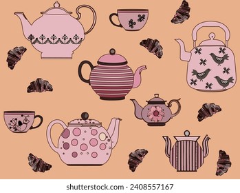 Seamless decorative pattern with teapots, kettles, cups, and croissants. Dinnerware. Teatime. Bakery. Crockery. Funny, festive, elegant, cozy