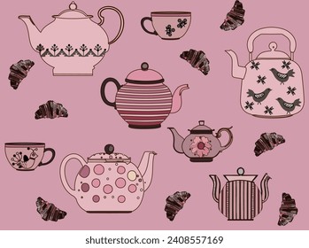 Seamless decorative pattern with teapots, kettles, cups, and croissants. Dinnerware. Teatime. Bakery. Crockery. Funny, festive, elegant, cozy
