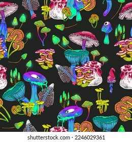 Seamless decorative pattern texture with magic mushrooms fancy psychedelic monsters, bright colors cartoon vector illustration on dark background. Toadstools pattern.