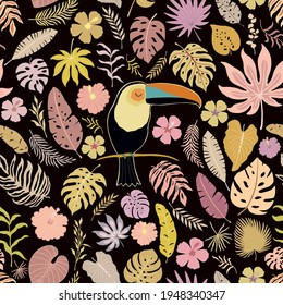 Seamless decorative pattern with toucan bird and tropical leaves and flowers