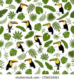 Seamless decorative pattern with toucans and tropical leaves