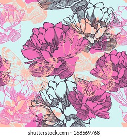 Seamless decorative pattern with tulips and butterflies. Vector illustration.