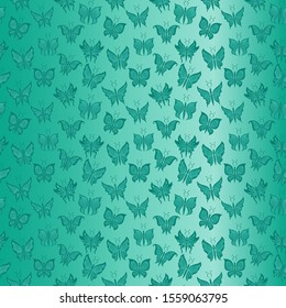 Seamless decorative pattern with turquoise various butterflies on background with gradient, hand drawing illustration
