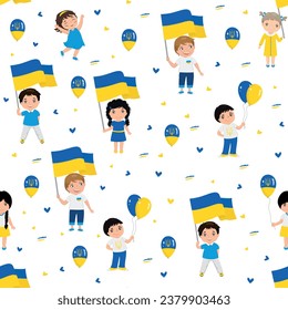 Seamless decorative pattern with Ukrainian kids and symbols. Print for textile, wallpaper, covers, surface. Retro stylization. Ukrainian patriotic pattern