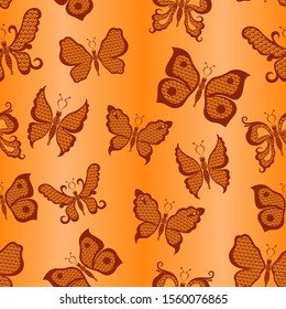 Seamless decorative pattern with various butterflies in orange hues on the background with gradient, hand drawing illustration