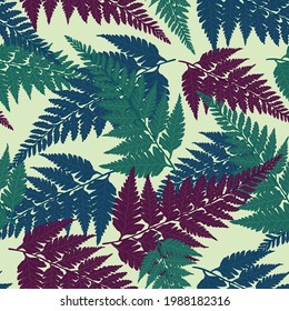 Seamless decorative pattern with vivid green, blue and purple tropical forest fern leaves isolated on light green background. Vector eps10 background in flat retro vintage style.