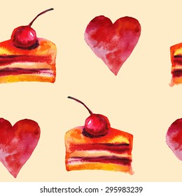 Seamless decorative pattern with watercolor cake and hearts