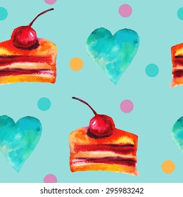 Seamless decorative pattern with watercolor cake and hearts