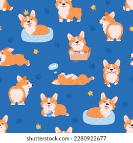 Patrón decorativo sin inconvenientes con Corgi galés en diferentes poses, ilustración vectorial plana sobre fondo azul. Perro de corgi, corso y tendido.